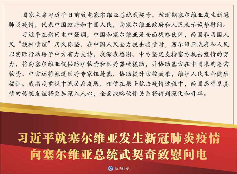 习近平就塞尔维亚发生新冠肺炎疫情向塞尔维亚总统武契奇致慰问电