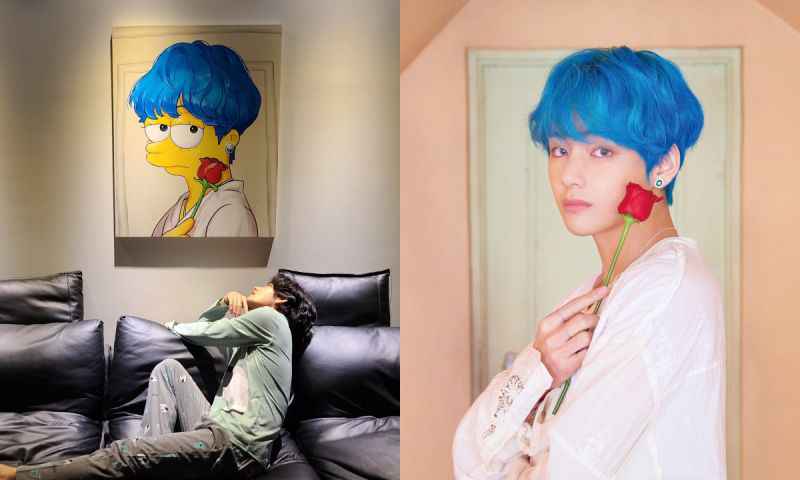 太有心啦！BTS防弹少年团V果然粉丝画作「蓝发辛普森」认证照片