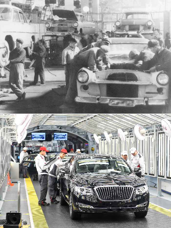 拼版照片：上图为1958年拍摄的第一汽车制造厂（资料照片）。这里出产了第一批红旗轿车；下图为2019年4月9日，在一汽红旗总装车间内，职工在对出产的红旗轿车举办静检功课。