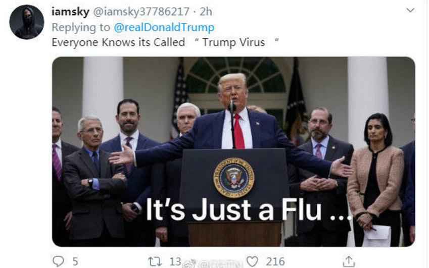 特朗普发推妄称新冠病毒为“中国病毒” 美国网友回怼：你才是美国病毒！