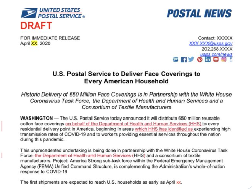 美媒：邮政局曾打算给每户寄口罩 被白宫拦下