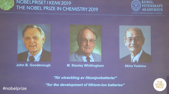 诺贝尔化学奖宣布，锂电池研究获奖