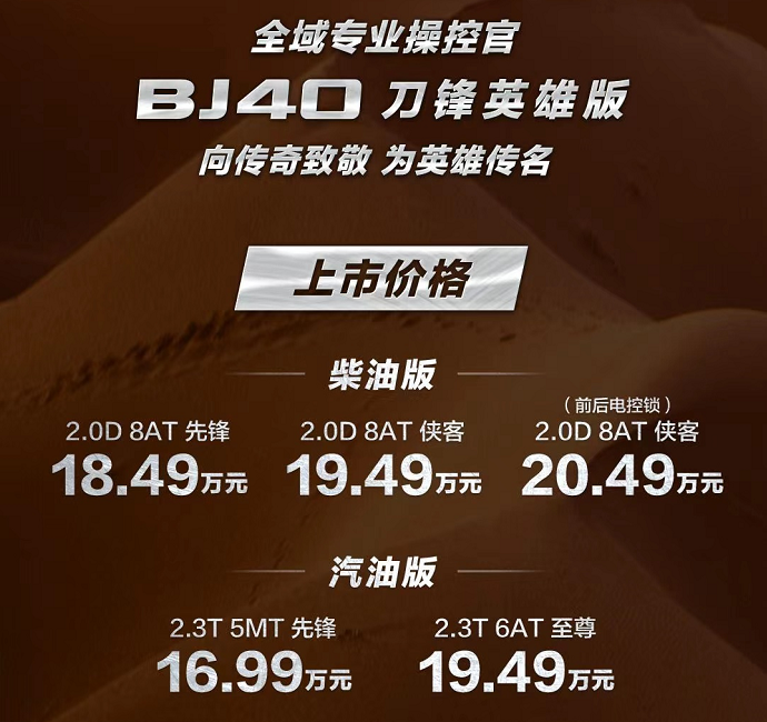 北京越野BJ40刀锋英雄版上市，售16.99万起