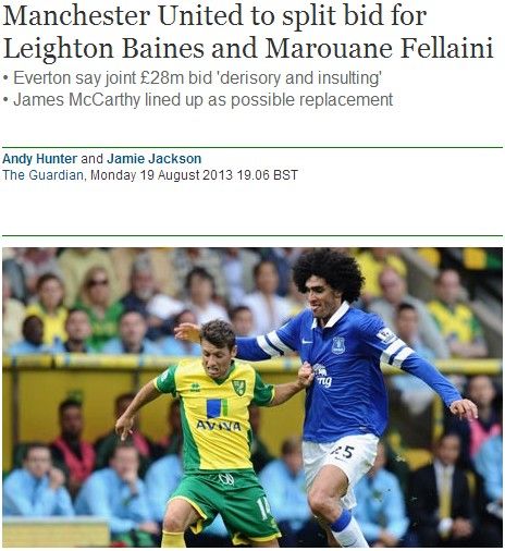 曼联拒放弃埃弗顿双星 将分隔报价费莱尼贝恩斯