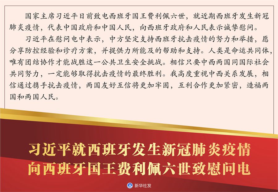 习近平就西班牙发生新冠肺炎疫情向西班牙国王费利佩六世致慰问电