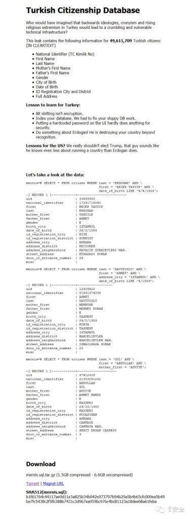  包括5000万条土耳其国民记录的数据库被曝光
