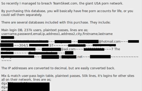  黑客出售TeamSkeet等色情网站数据库中的用户数据