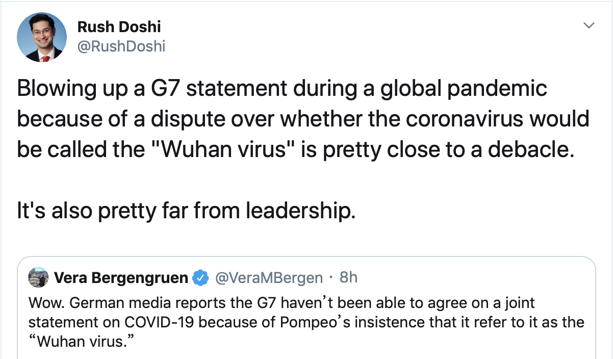 G7外长会蓬佩奥再提“武汉病毒” 遭美前政要及学者反扑