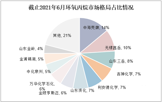 截止2021年6月环氧丙烷市场格局占比情况