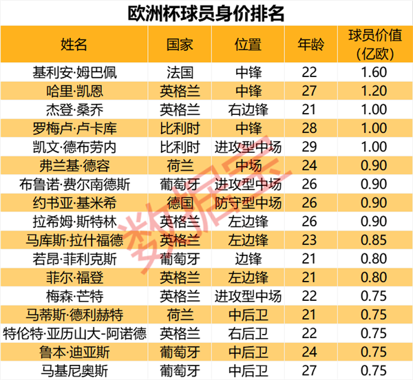 欧洲杯球员身价排名