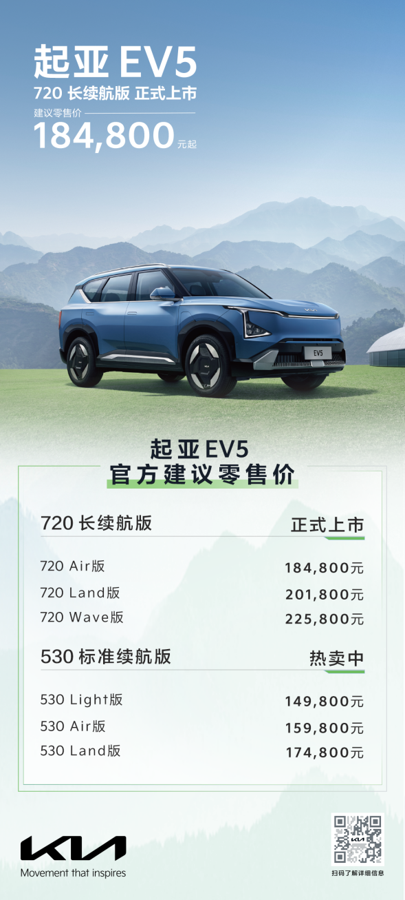18万级唯一720km续航，起亚EV5 720长续航版正式上市
